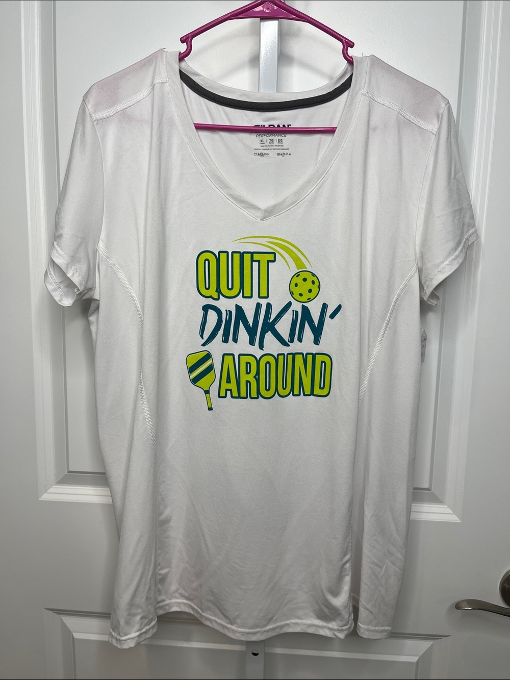 Gildan White V-Neck Tee with Yellow & Teal Graphic - Quit Dinkin' Around